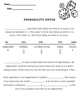 Probability: Guided Notes, Vocab Flash Cards, Probability Number Line