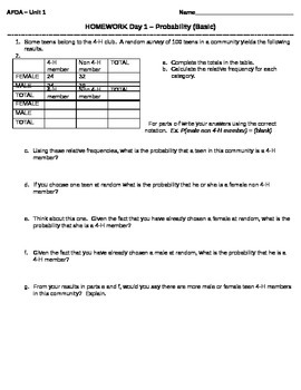 Preview of 02 Unit 1-  Day 1 Homework - Basic Probability