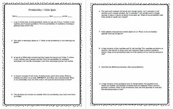 Probability Word Problems Worksheet Odds Quiz And Answer Key Tpt