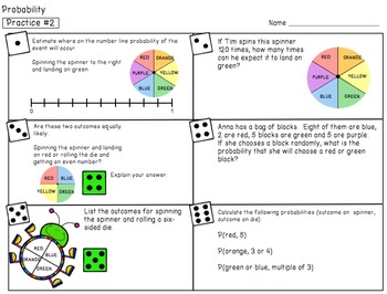 Probability - Partner Practice Worksheets + Reflection Page (7.SP.C.5)