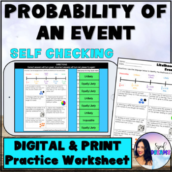 Preview of Probability Predict Likelihood of Events Digital Self Checking Worksheet Print