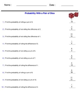 Probability - Probability With a Pair of Dice Worksheet- Sums and ...