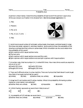Preview of Probability Quiz: 7th Grade Unit 6