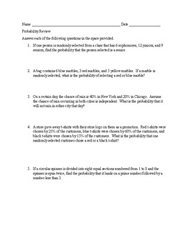 Preview of Probability Review with Answer Key