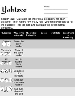 Probability Simulation Yahtzee Sheet by Jamie Gallant TpT TPT