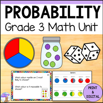 Preview of Probability Unit - Worksheets, Posters, Task Cards, Test  (Grade 3 Math Ontario)