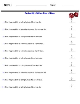 Probability Worksheets - Probability With A Pair Of Dice Worksheet 