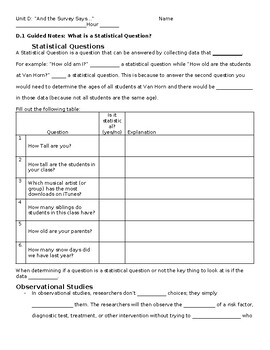 Preview of Probability and Statistics Unit D Statistical Experiments Notes and Practices