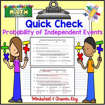 Preview of Probability of Independent Events QUICK CHECK Math Worksheet Answer Key Quiz