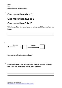 Preview of Problem Solving and Reasoning (Finding one more than a number up to 10)