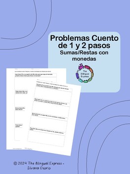 Preview of Problemas Cuento de 1 y 2 pasos con monedas - Money word problems in Spanish