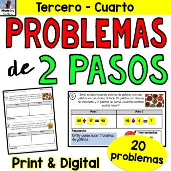 Preview of Problemas de dos pasos - Two-Step Word Problems in Spanish - Digital and Print