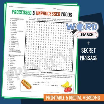 Preview of Processed & Unprocessed Food Word Search Puzzle Vocabulary Activity Worksheet