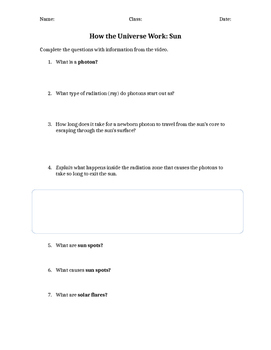Preview of Processing Questions Worksheet for How the Universe Works Sun