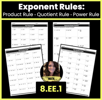 Preview of Product, Quotient, and Power Rules Worksheets | 8.EE.1 | Exponent Rules