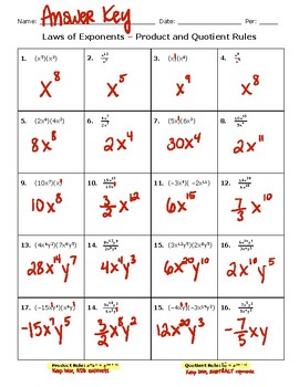 Preview of Product and Quotient Rules Laws of Exponents Worksheet