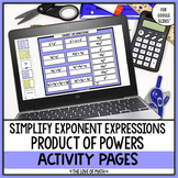Product of Powers Simplifying Exponents Digital Matching Pages