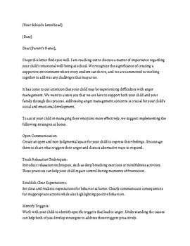 Preview of Professional Letter to Parents - For Students Struggling with Anger