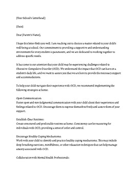 Preview of Professional Letter to Parents - For Students Struggling with OCD