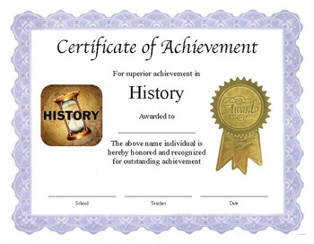 Preview of Professional PDF Editable Certificate in Color for "History"