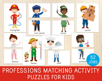 Preview of Professions Matching Activity, 52 Jobs Puzzles, Community Helpers, Labor Day