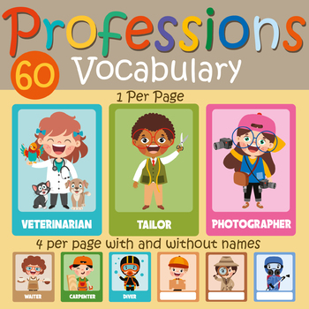 Preview of Professions vocabulary word walls | 60 Occupations & jobs flashcards PDF JPEG
