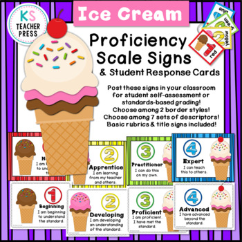 Preview of Proficiency Scale Signs, Student Response Cards, & Rubrics (Ice Cream Theme)
