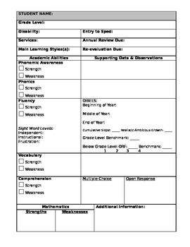 special education student profile template