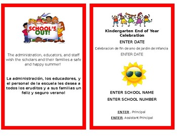 Preview of Program Card for Kindergarten EOY Celebration. EDITABLE.ENG/SPA