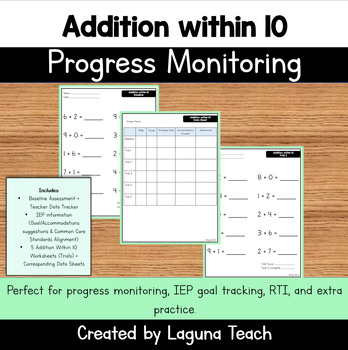 Preview of Addition Within 10: Progress Monitoring, Fluency, RTI, IEP Goal, Special Ed