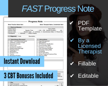 Preview of Progress Note Template for Therapists, PDF - Fillable & Editable, Printable