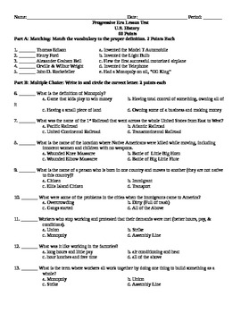 Progressive Era Lesson Test (5 different tests) & Answer Key by Ms History