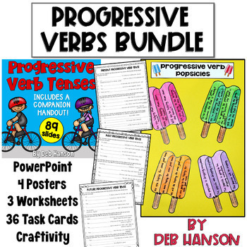 Preview of Progressive Verb Tenses Bundle: Worksheets, Task Cards, Craft Activity