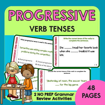 Preview of 48 Progressive Verb Tenses Task Cards | Progressive Verbs Past, Present & Future