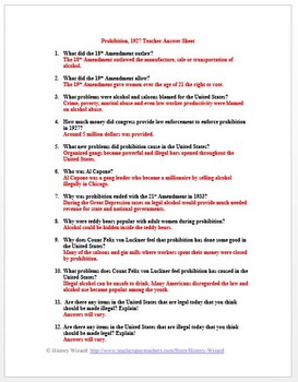Prohibition 1927 Primary Source Worksheet by History Wizard TpT