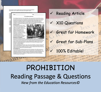 Prohibition Movement Reading Passage Worksheet Ten Questions