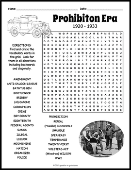 PROHIBITION ERA Word Search Puzzle Worksheet Activity by Puzzles to Print