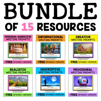 Preview of Digital Projectable Writing Prompts Bundle + FREE Spanish