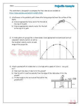Preview of Projectile Concepts Worksheet for a Video Lesson