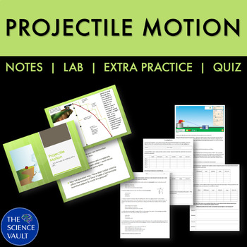 Preview of Projectile Motion Unit with Simulation Lab, Notes, Worksheet, Quiz