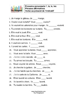 Pronouns (direct object) l',la,le,les aff. phrases present tense