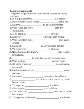 Pronoms relatifs (French Relative Pronouns) ALL Pronouns Worksheet 6