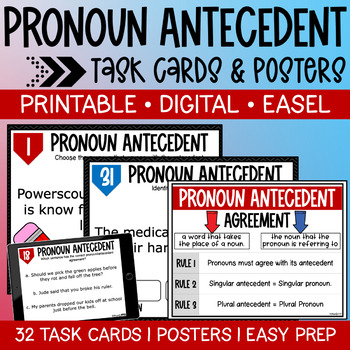 Preview of Pronoun Antecedent Agreement Task Cards - Digital & Printable