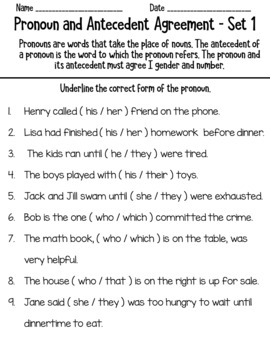 Pronoun Antecedent Agreement Worksheets by Learners of the World