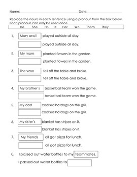 replacing nouns with pronouns teaching resources tpt