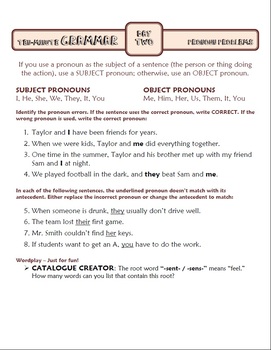Preview of Pronoun Problems: Ten-Minute Grammar Unit #5