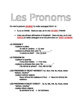 Pronoun Review Handout : Y, EN, Direct, Indirect by On Y Go Madame