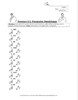 Preview of Pronoun V.S. Possession Handshapes Worksheet