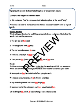 Pronoun and Antecedent Worksheets for Third Grade and Above by Eric Summers