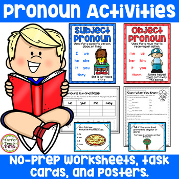 Preview of Pronoun Activities - No Prep Worksheets, Posters, and Task Cards
